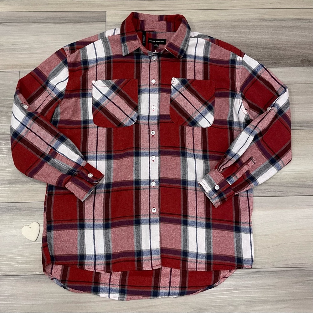 SILVER JEANS CO. Boyfriend Fit Plaid Flannel Roll-Tab Sleeves Shirt Size Small